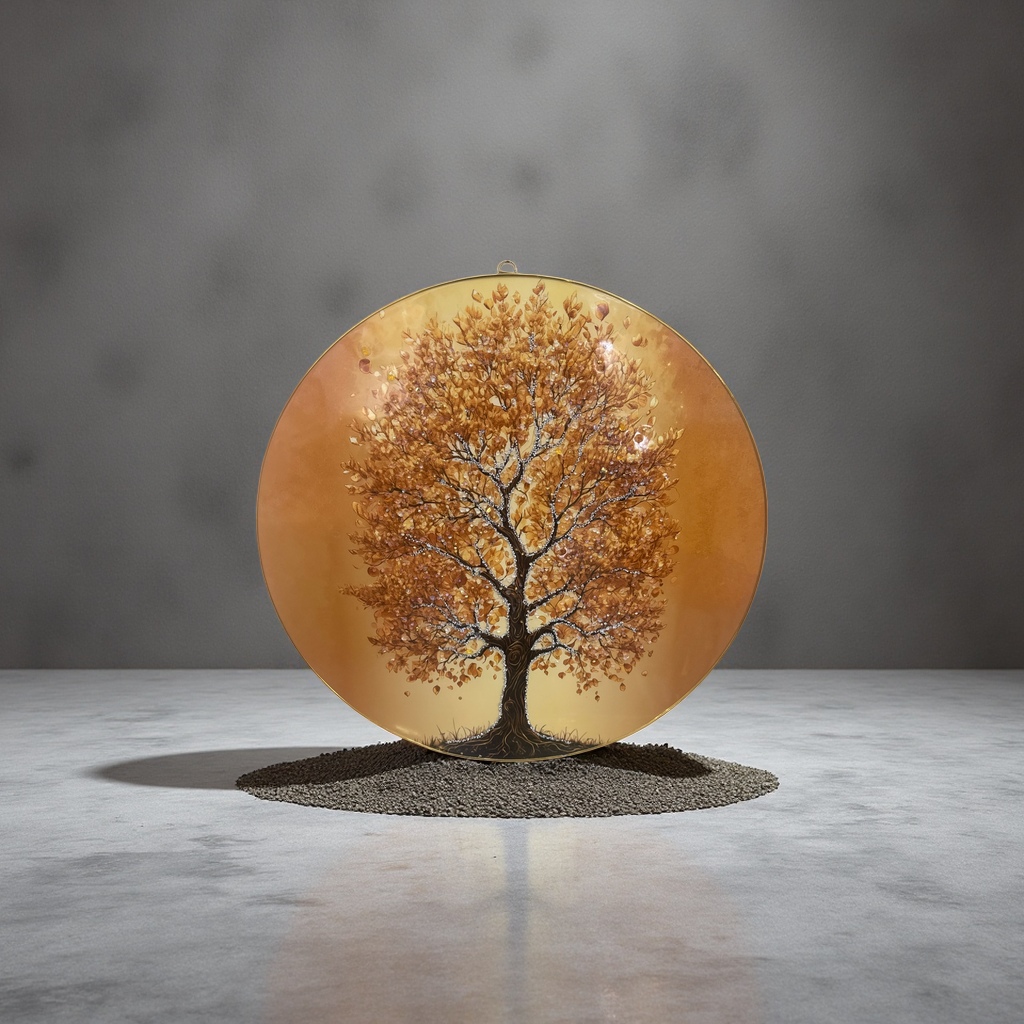 Golden-framed circular decorative painting with tree-shaped patterns for hanging in the living room and bedroom Application Scenario