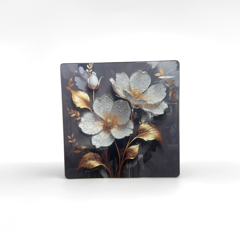 A decorative painting with golden borders, white flowers and golden leaves, and water droplets dotted on a dark grey ink-wash background details Picture