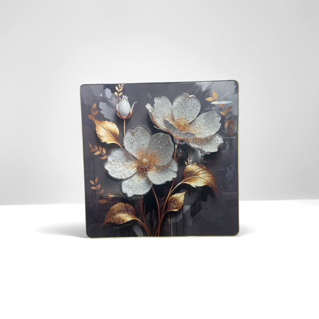 金色边框白色花朵金色叶片装饰画 水珠点缀 深灰水墨背景