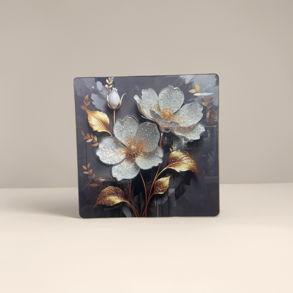 A decorative painting with golden borders, white flowers and golden leaves, and water droplets dotted on a dark grey ink-wash background Specification image