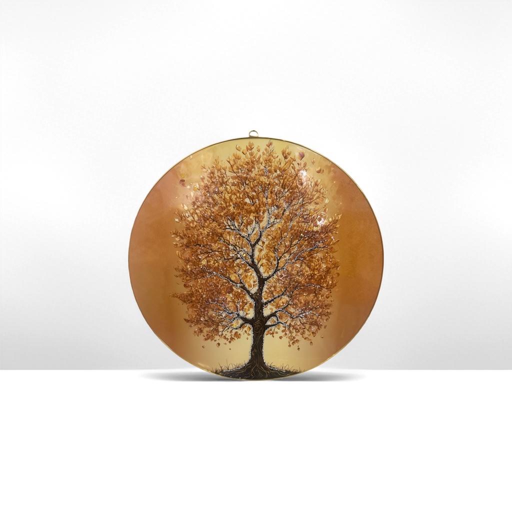 Golden-framed circular decorative painting with tree-shaped patterns for hanging in the living room and bedroom details Picture