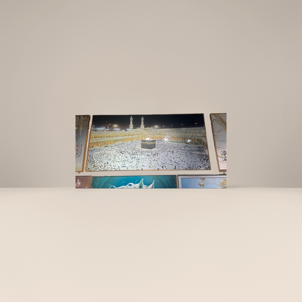 A painting of the Hajj crowd at the Kaaba Mosque in Mecca with golden borders Specification image