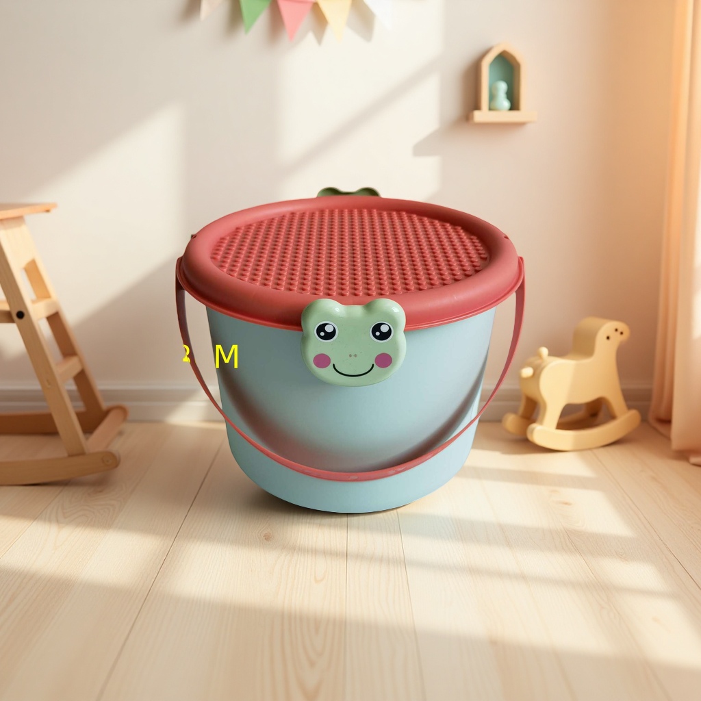Yellow duck-shaped plastic bucket with light green lid handle and raised dot texture on the lid surface Application Scenario