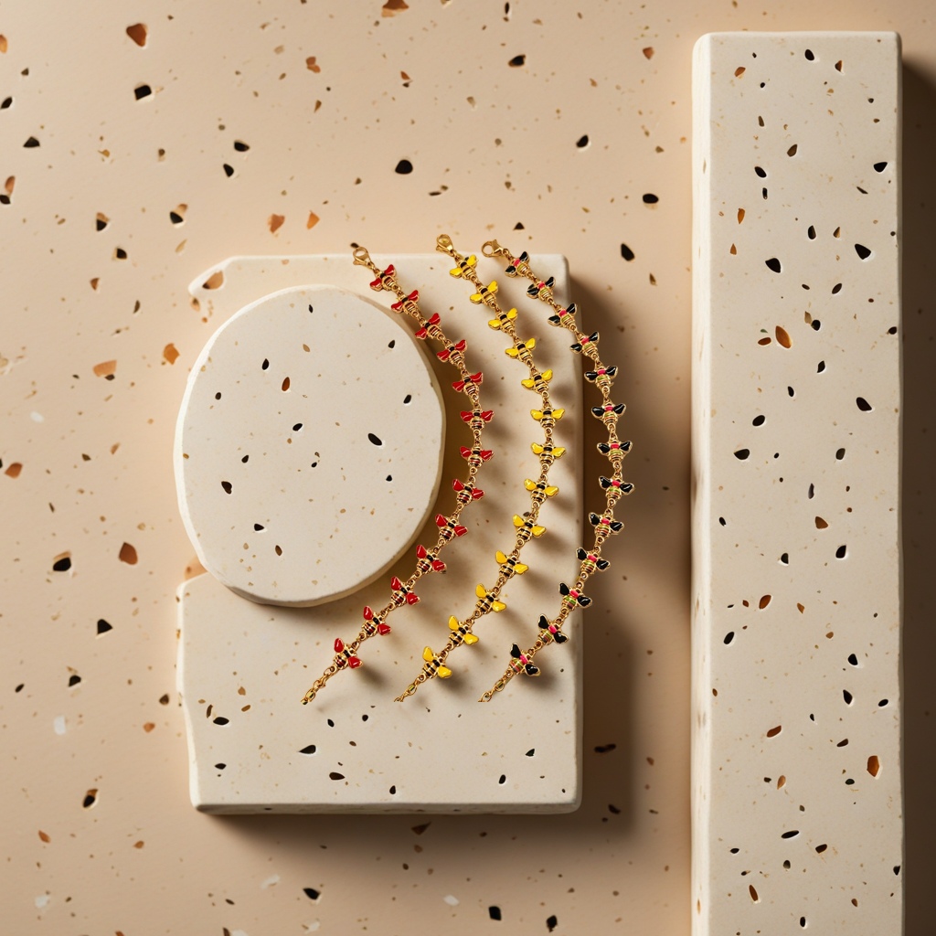 A golden bee-shaped bracelet with three strings of colorful bee pendants and a silk background details Picture