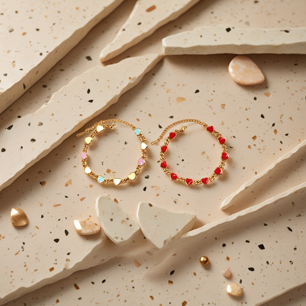 The golden chain heart-shaped bracelet has a multi-colored heart shape on the left and a red heart shape on the right details Picture