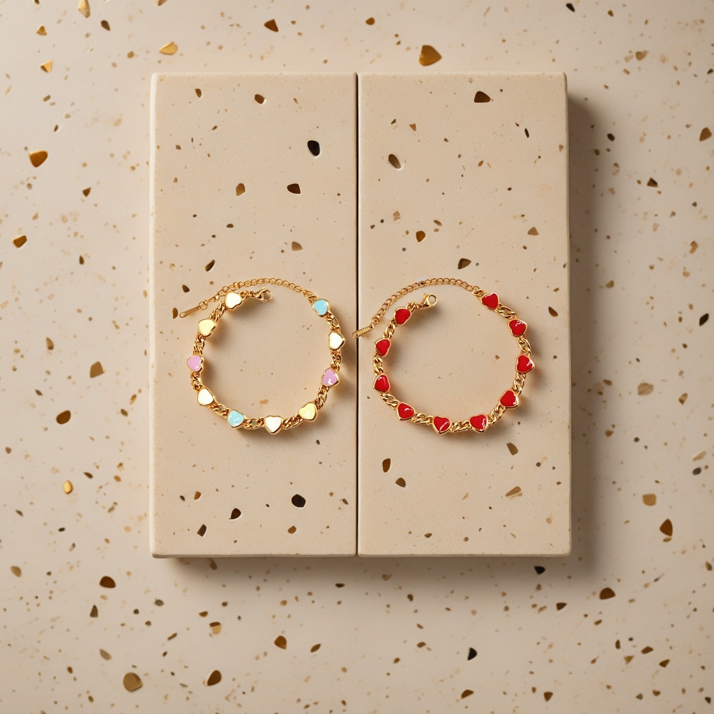 The golden chain heart-shaped bracelet has a multi-colored heart shape on the left and a red heart shape on the right