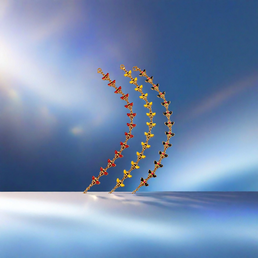 A golden bee-shaped bracelet with three strings of colorful bee pendants and a silk background Application Scenario