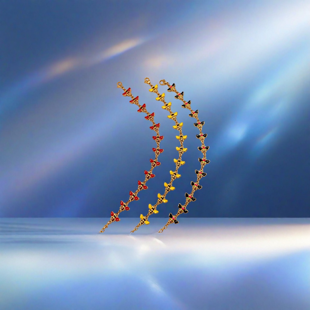 A golden bee-shaped bracelet with three strings of colorful bee pendants and a silk background Specification image