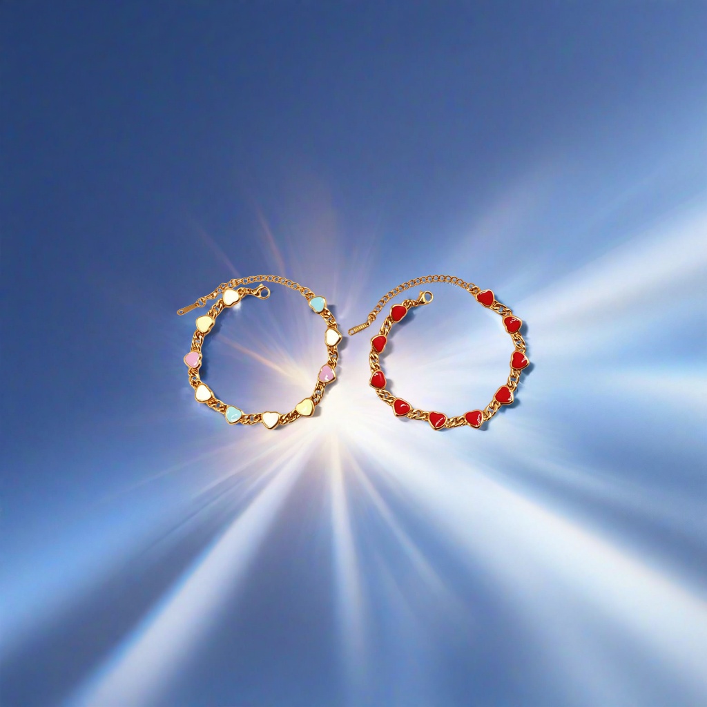 The golden chain heart-shaped bracelet has a multi-colored heart shape on the left and a red heart shape on the right Application Scenario