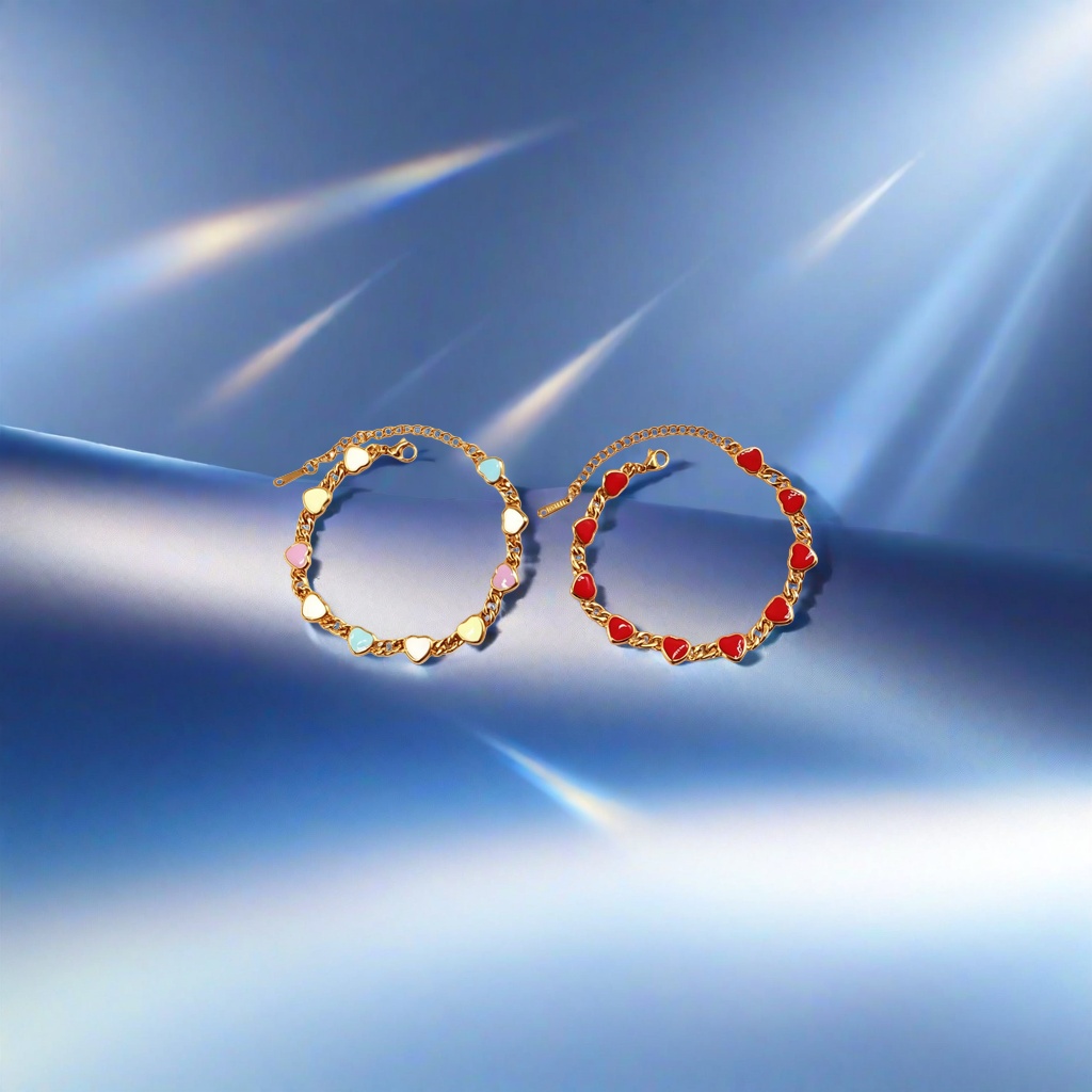 The golden chain heart-shaped bracelet has a multi-colored heart shape on the left and a red heart shape on the right Specification image