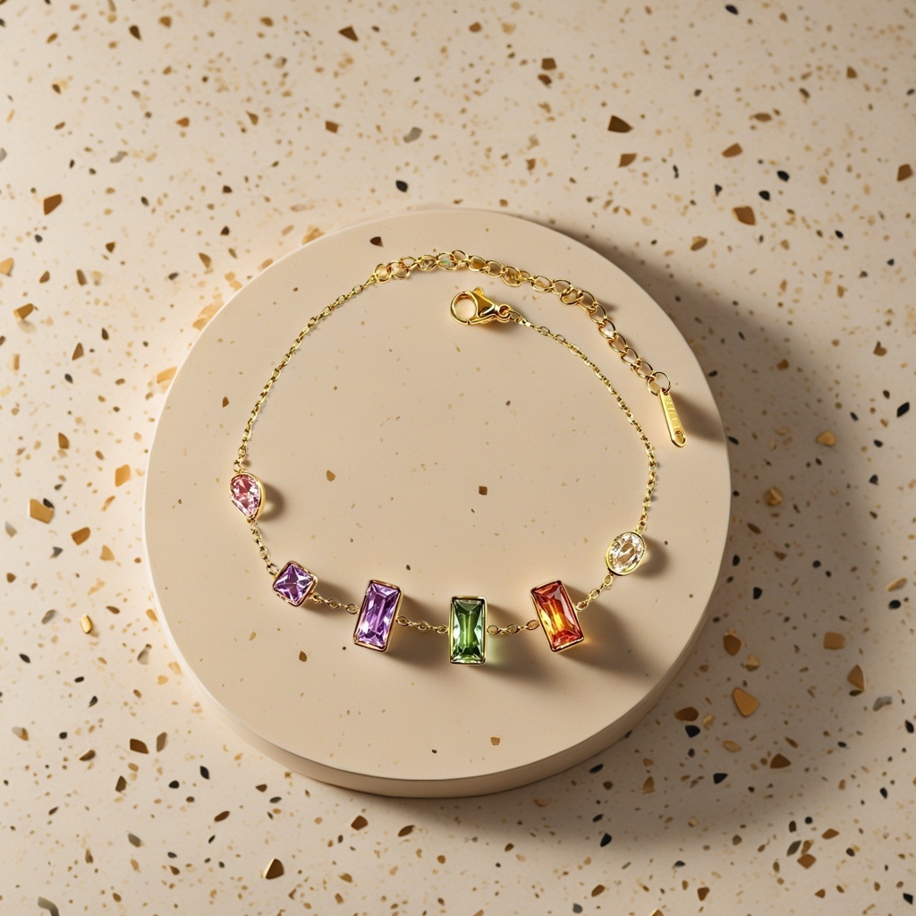 A golden chain bracelet set with multi-colored gemstones, a light luxury and fashionable ladies' jewelry