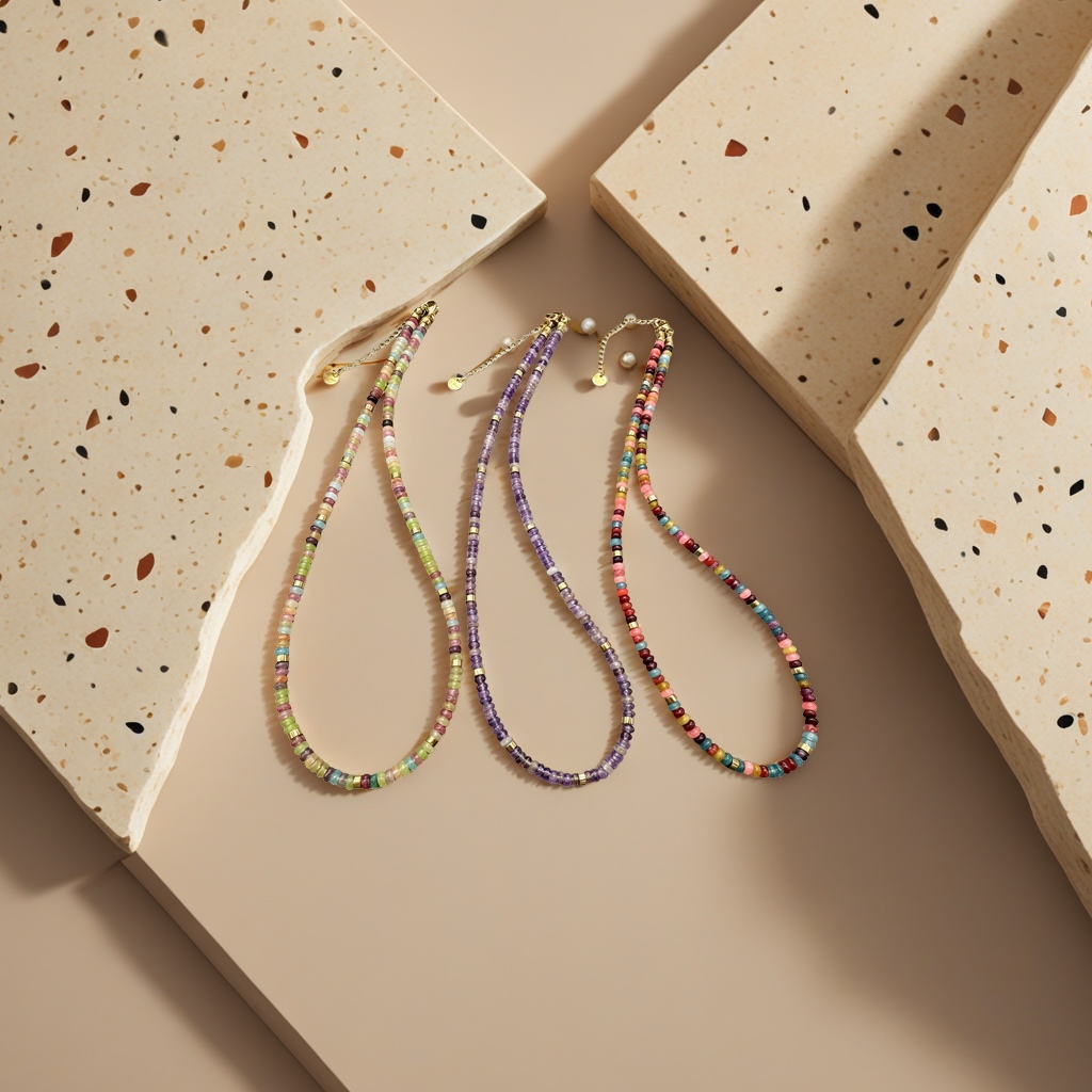 Colorful bead necklace, hand-woven collarbone chain with multi-colored glass beads, simple and fashionable