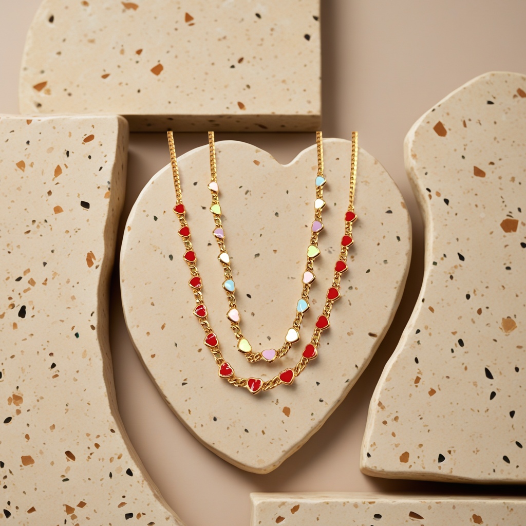 Golden chain, colorful heart-shaped pendant necklace, a fashionable, simple and versatile ladies' accessory details Picture