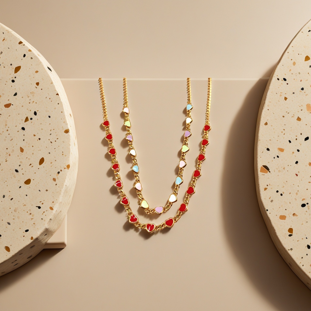 Golden chain, colorful heart-shaped pendant necklace, a fashionable, simple and versatile ladies' accessory