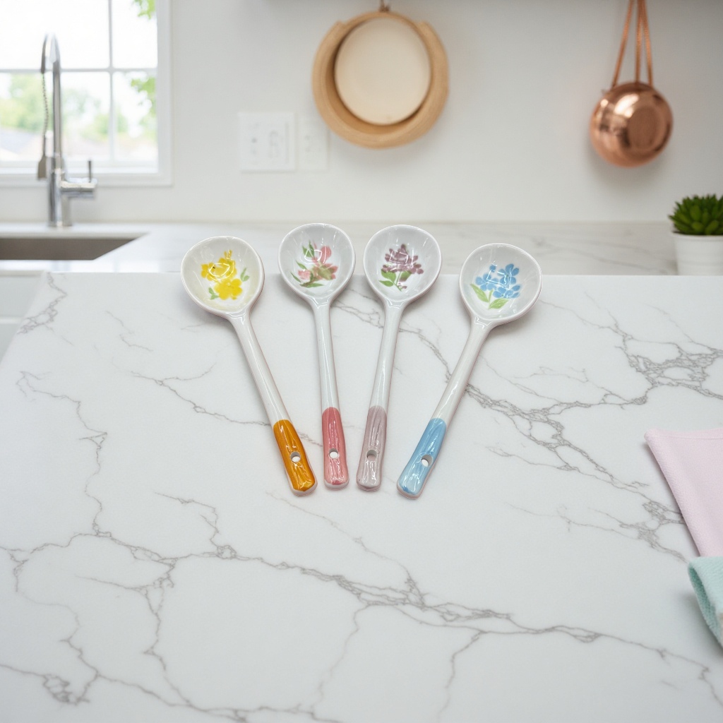Four ceramic spoons with colorful floral patterns, household dessert and coffee mixing spoons Application Scenario
