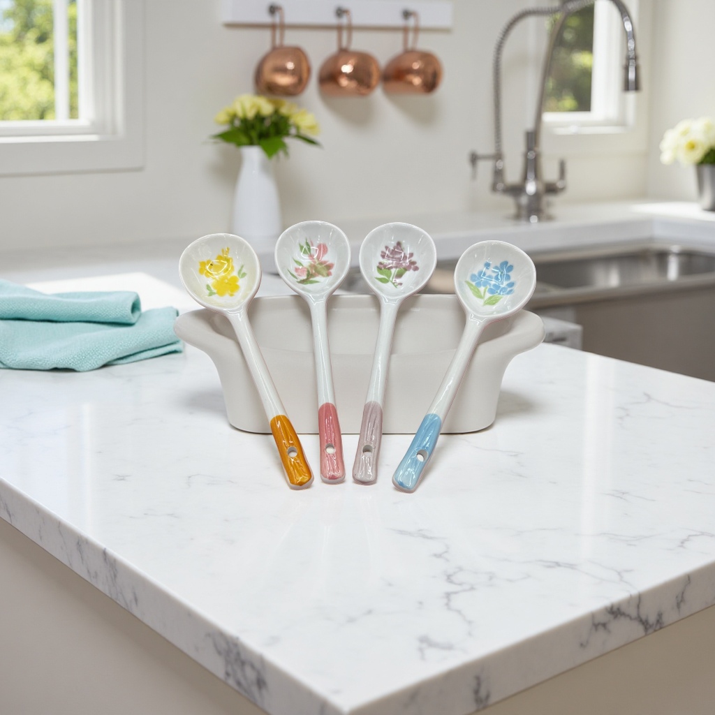 Four ceramic spoons with colorful floral patterns, household dessert and coffee mixing spoons details Picture