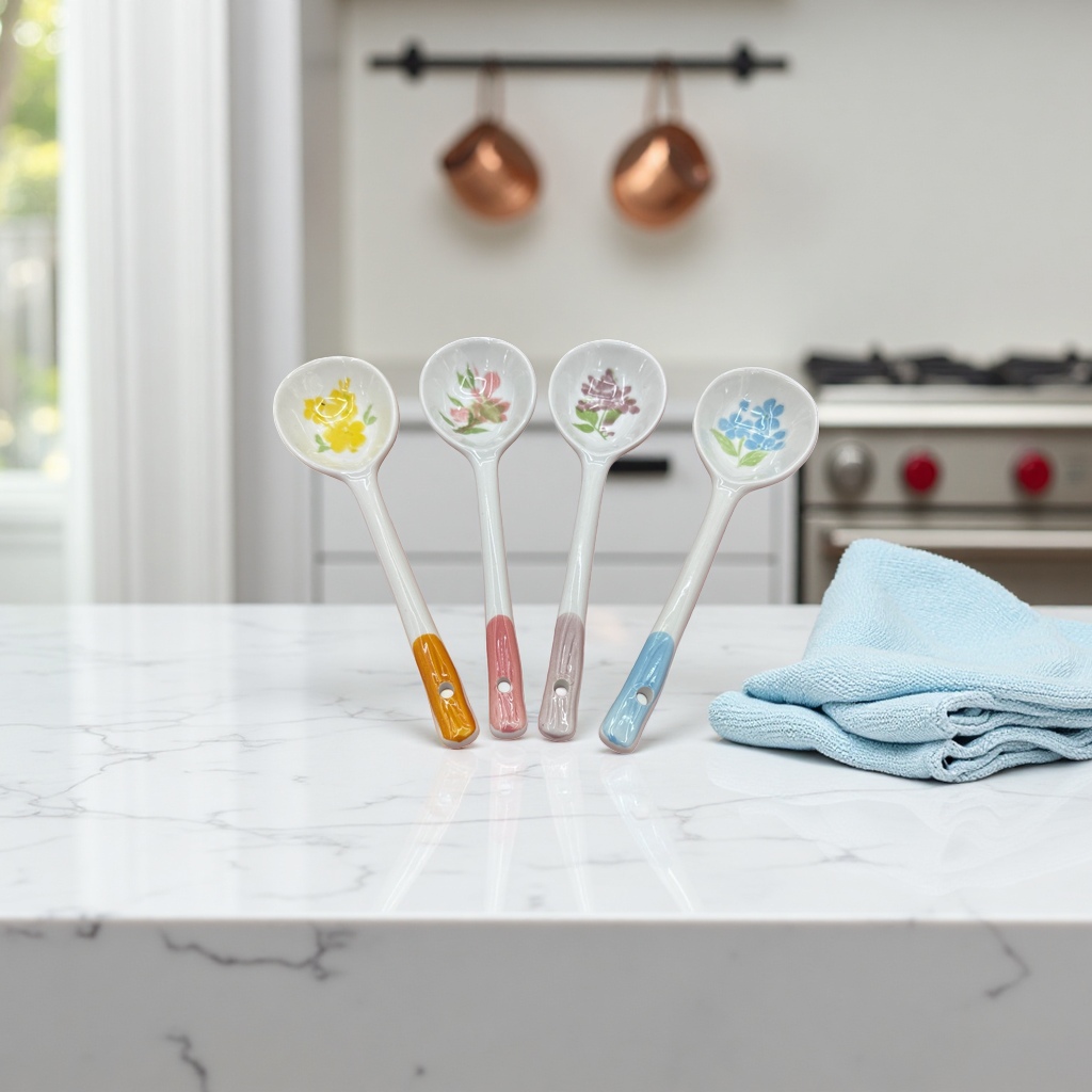 Four ceramic spoons with colorful floral patterns, household dessert and coffee mixing spoons Specification image