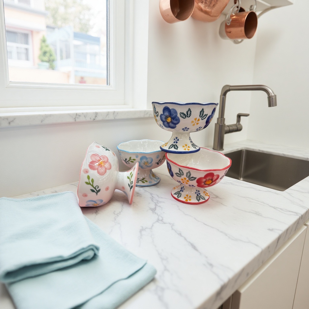 Colorful floral patterned high-legged ceramic tableware, household soup and salad bowls details Picture