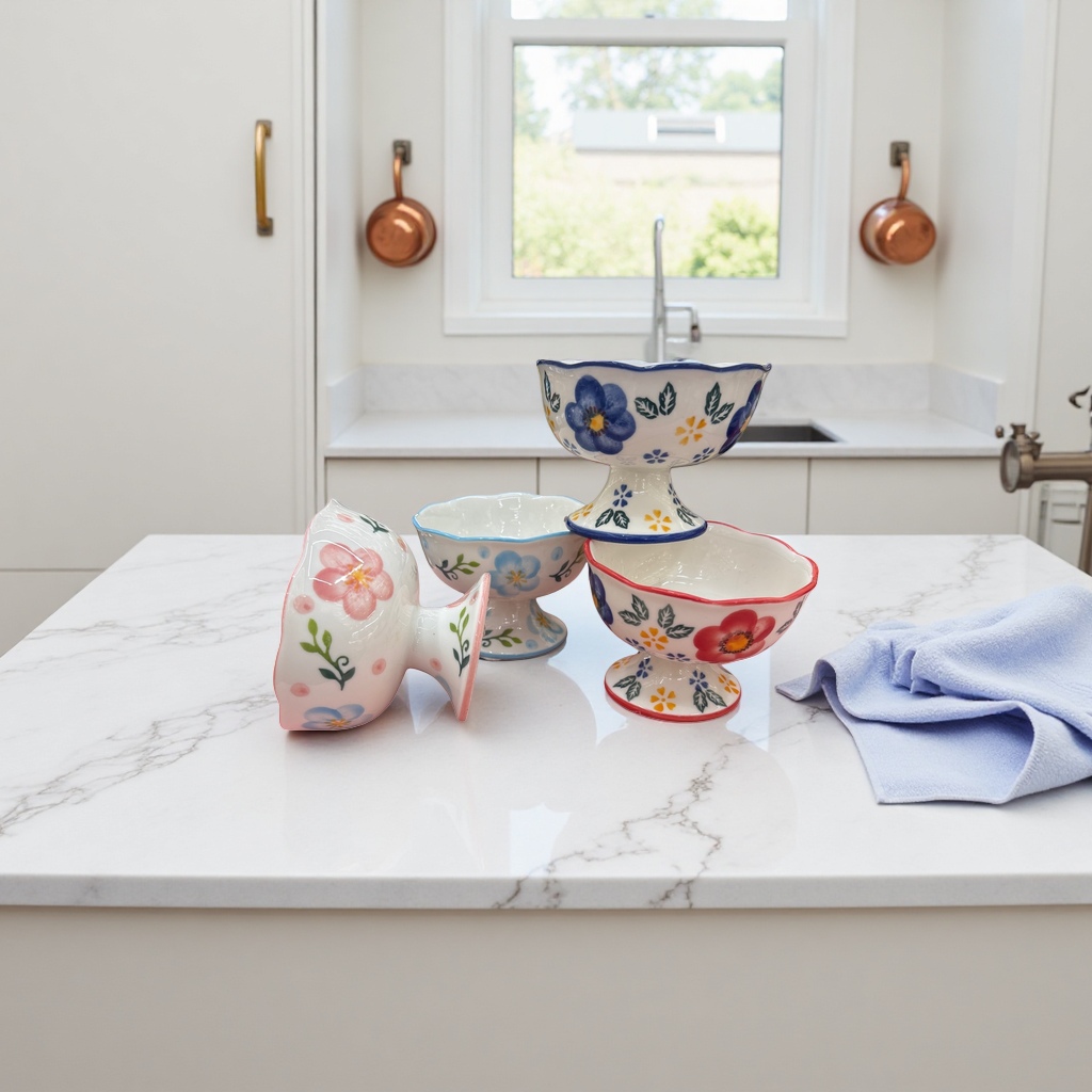 Colorful floral patterned high-legged ceramic tableware, household soup and salad bowls Application Scenario