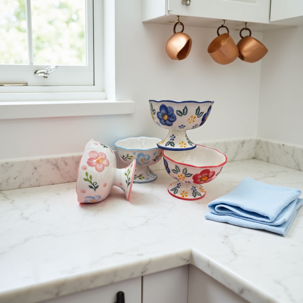 Colorful floral patterned high-legged ceramic tableware, household soup and salad bowls Specification image