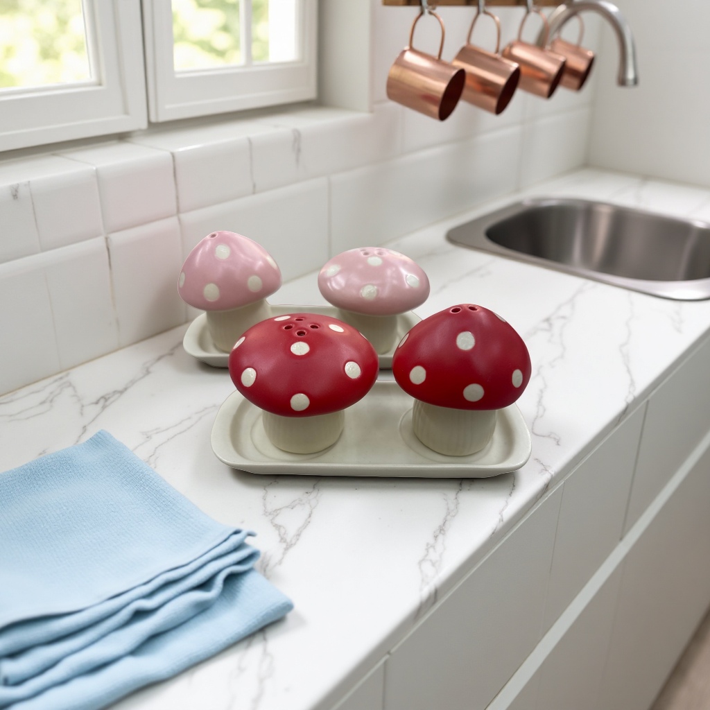 Red and white polka dot mushroom-shaped seasoning bottle, creative glass seasoning jar for home kitchen Application Scenario