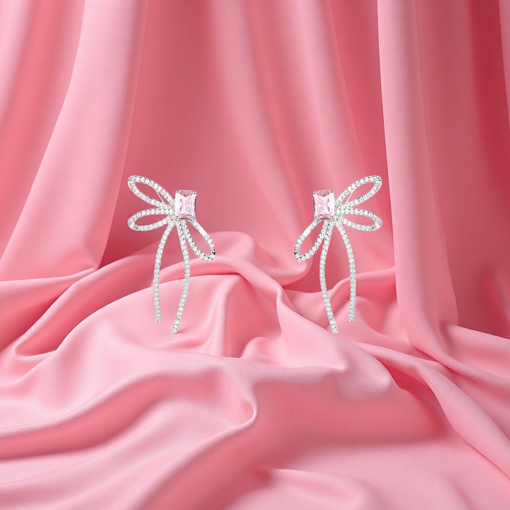 Pink gemstone bow earrings are fashionable and light luxury women's earrings