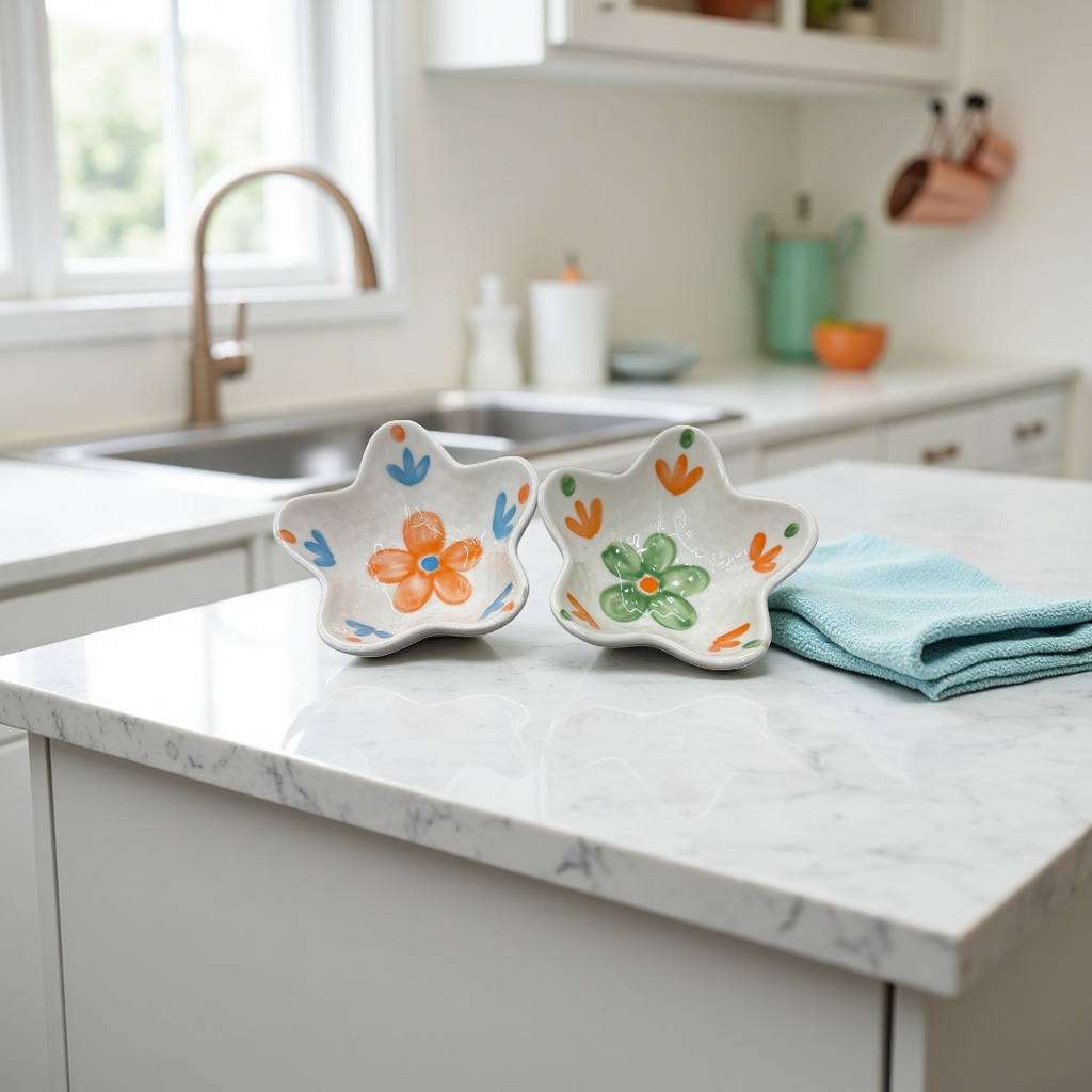White star-shaped ceramic small bowls with colorful hand-painted flower patterns are household tableware details Picture