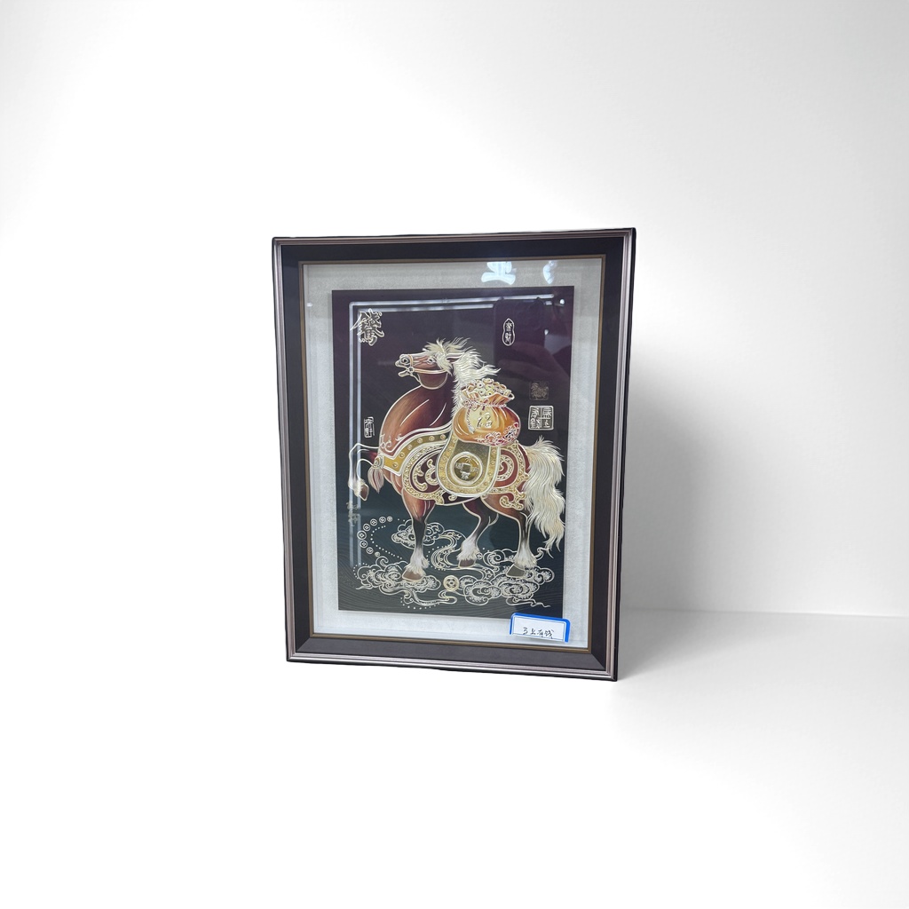 金色骏马驮宝袋中式风水装饰画客厅玄关挂画