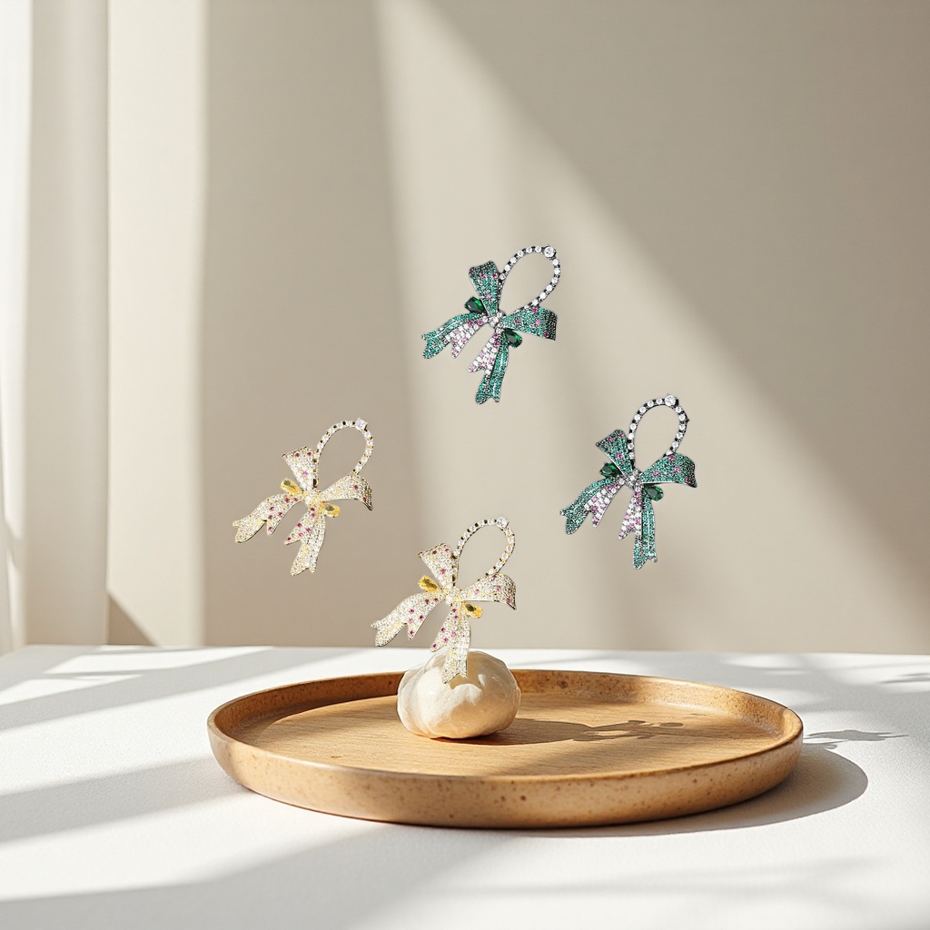 The colorful bow and diamond-encrusted jewelry exudes a fashionable, sweet and girlish style