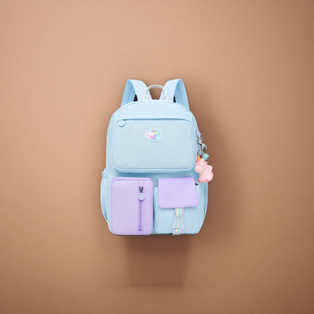 A light blue backpack with a purple front pocket decorated in a rainbow pattern, a student commuting casual backpack Specification image