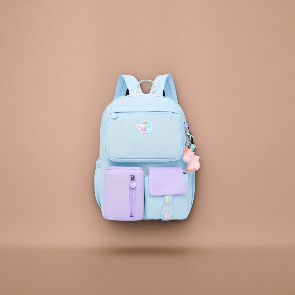 A light blue backpack with a purple front pocket decorated in a rainbow pattern, a student commuting casual backpack details Picture