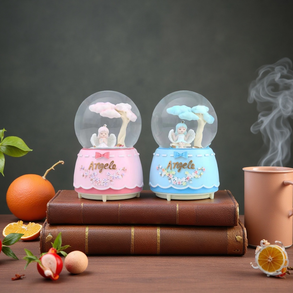 粉色和蓝色天使雪花水晶球细节图