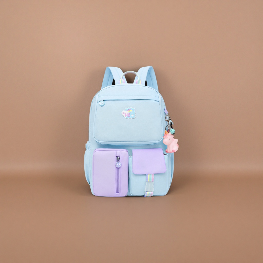 A light blue backpack with a purple front pocket decorated in a rainbow pattern, a student commuting casual backpack Application Scenario