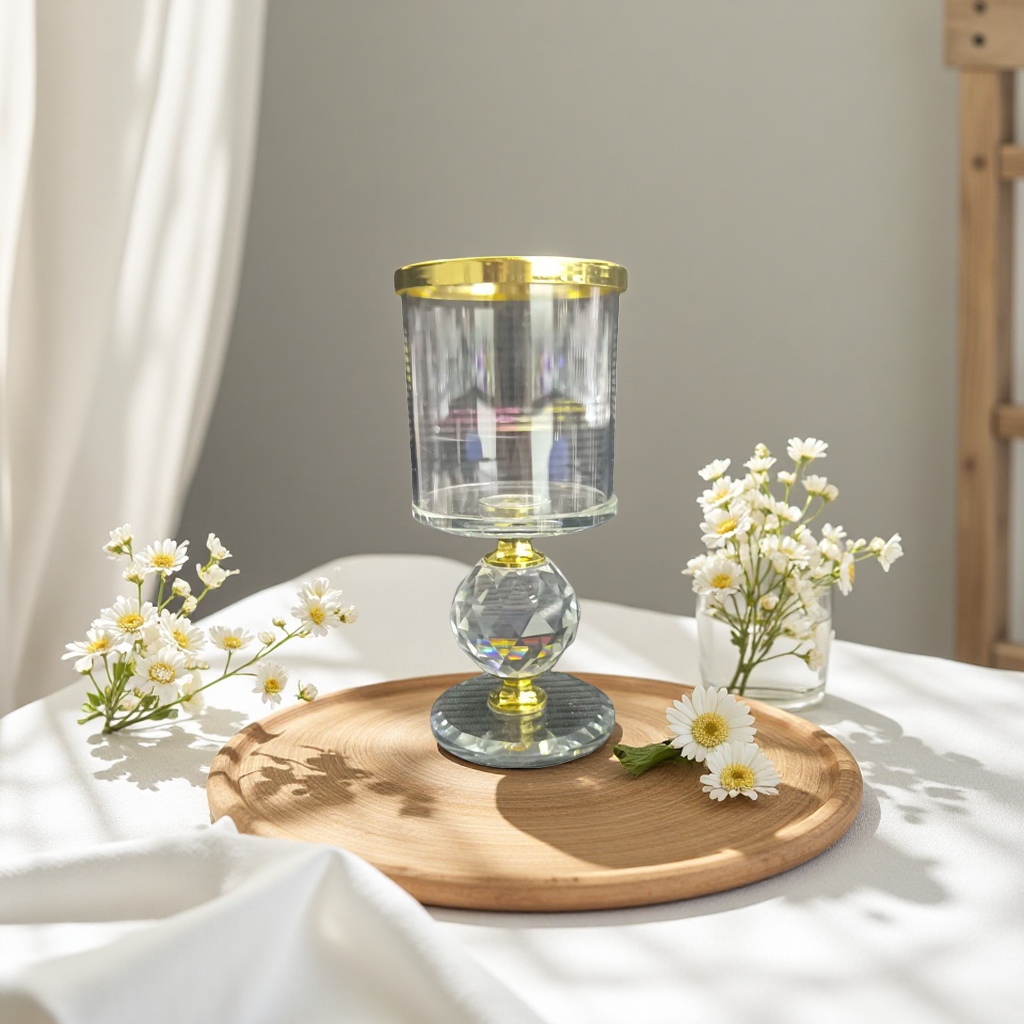 Transparent glass candlestick with golden decoration, a simple and modern home decoration