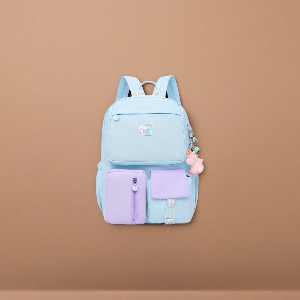 A light blue backpack with a purple unicorn pendant in the front pocket Specification image