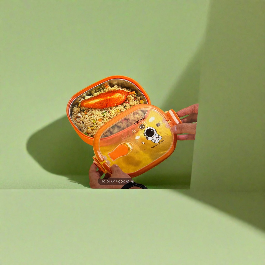 Orange space-themed lunch box with fried rice and grilled fish bento Specification image