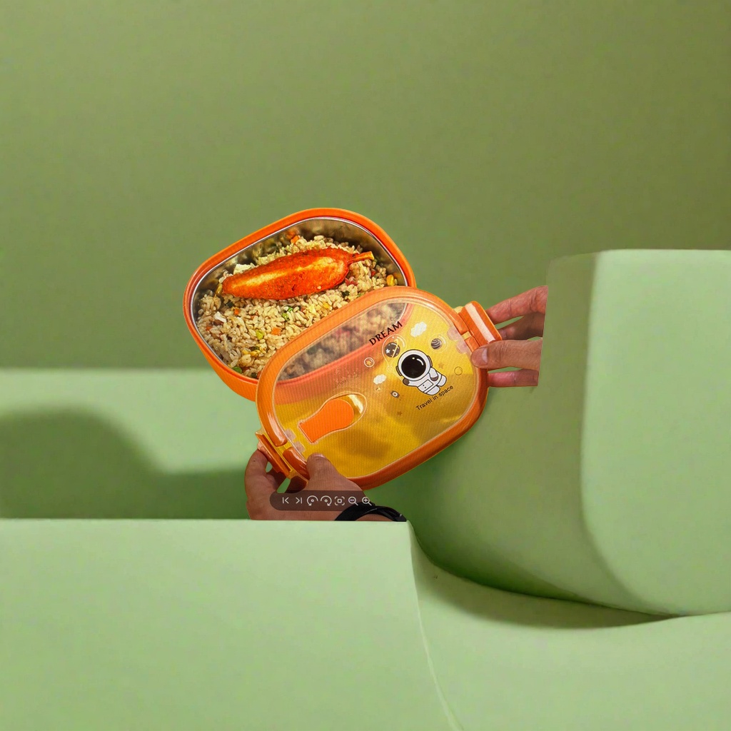Orange space-themed lunch box with fried rice and grilled fish bento details Picture