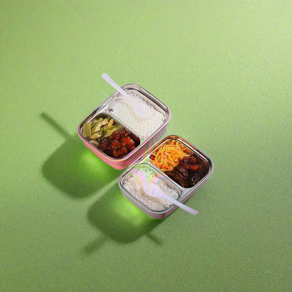 Metal compartments lunch box, white rice, braised pork, stir-fried vegetables bento box, lunch box details Picture