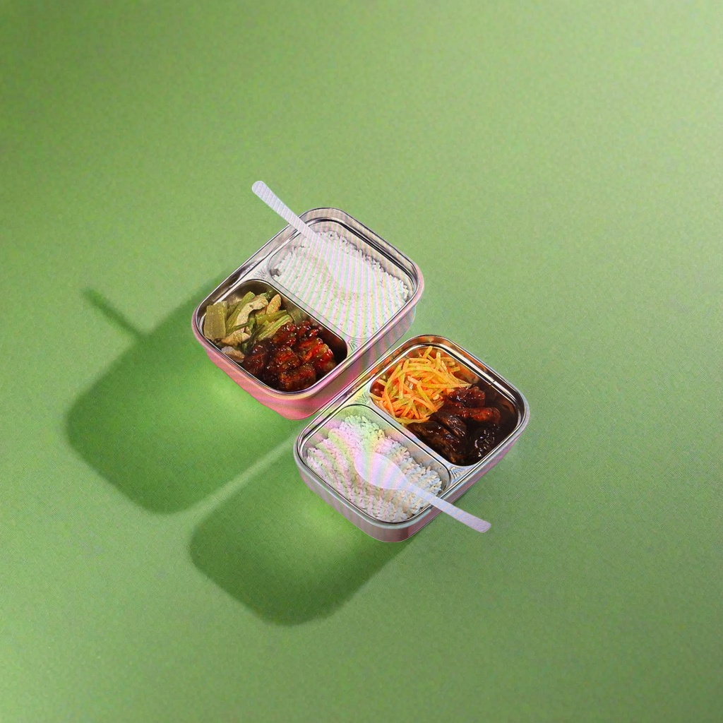 Metal compartments lunch box, white rice, braised pork, stir-fried vegetables bento box, lunch box Application Scenario
