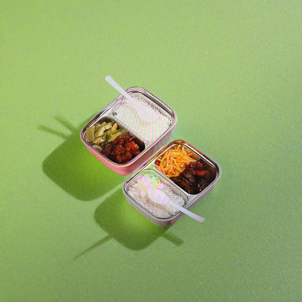Metal compartments lunch box, white rice, braised pork, stir-fried vegetables bento box, lunch box Specification image