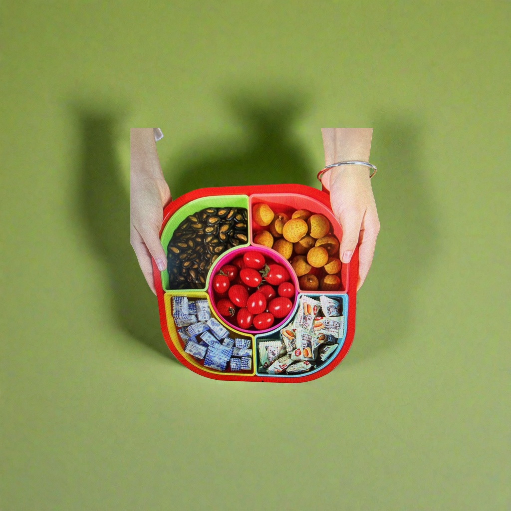 The colorful compartmented fruit plate contains black melon seeds, longans, cherry tomatoes, blue and white packaged candies, and white packaged snacks Specification image