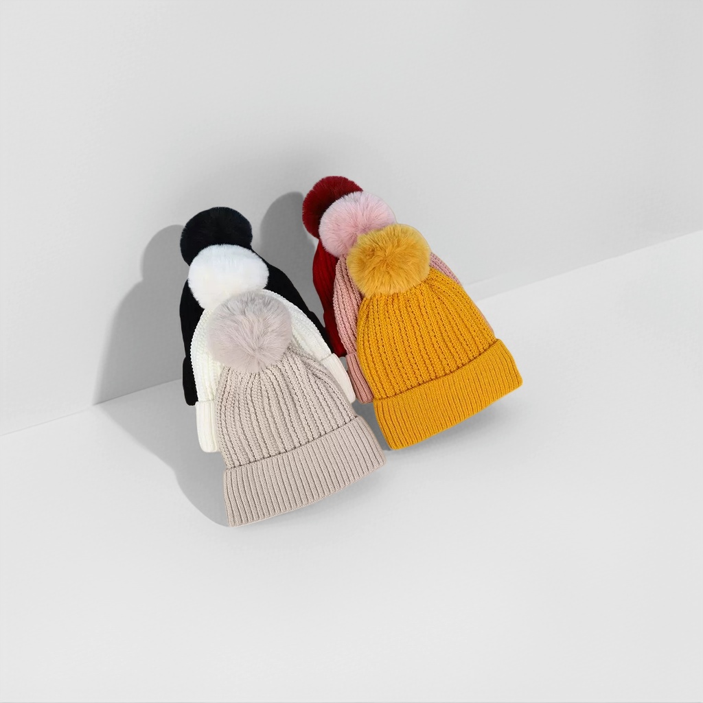 A colorful woolen cap decorated with pom-poms for warm autumn and winter knitted hats Application Scenario