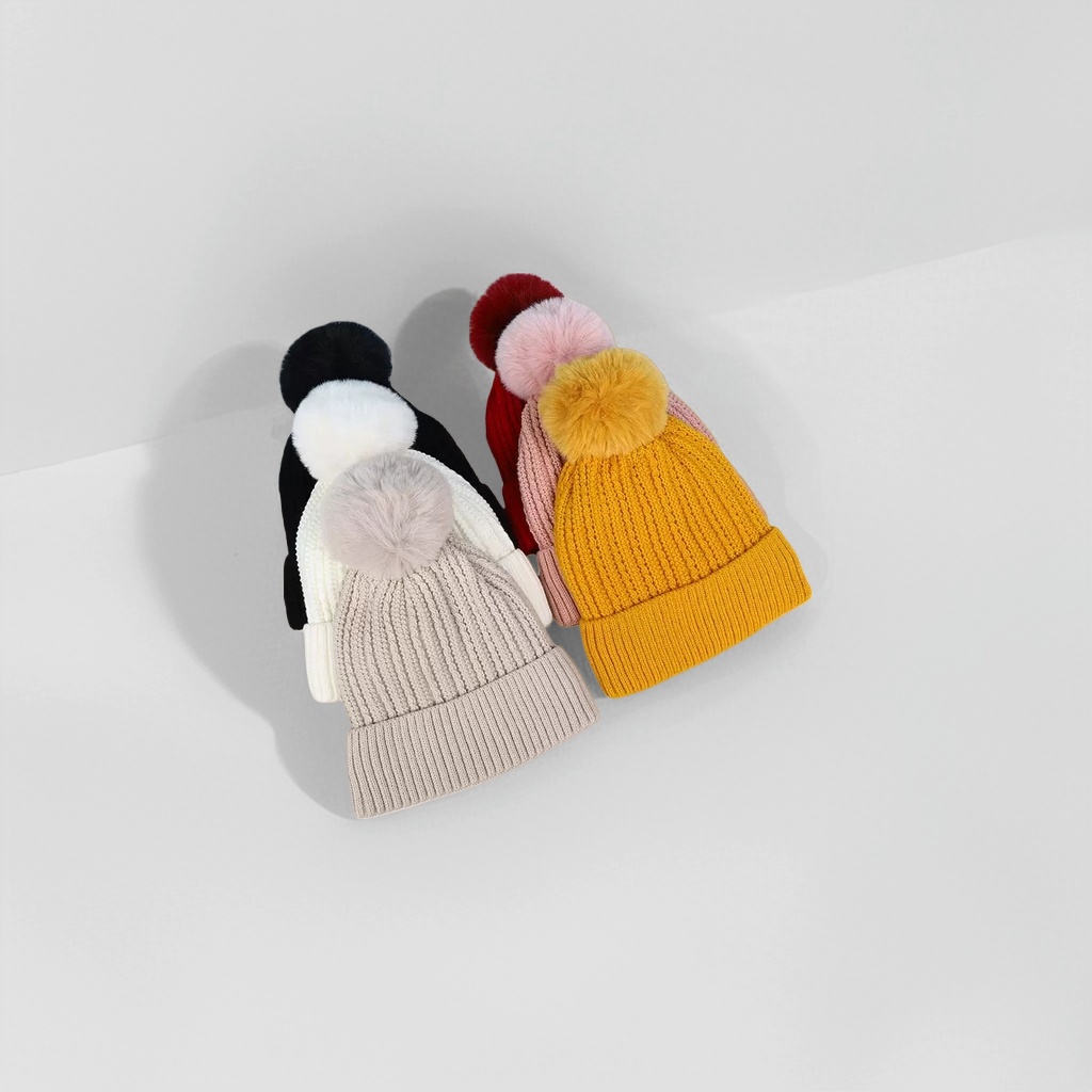 A colorful woolen cap decorated with pom-poms for warm autumn and winter knitted hats Specification image