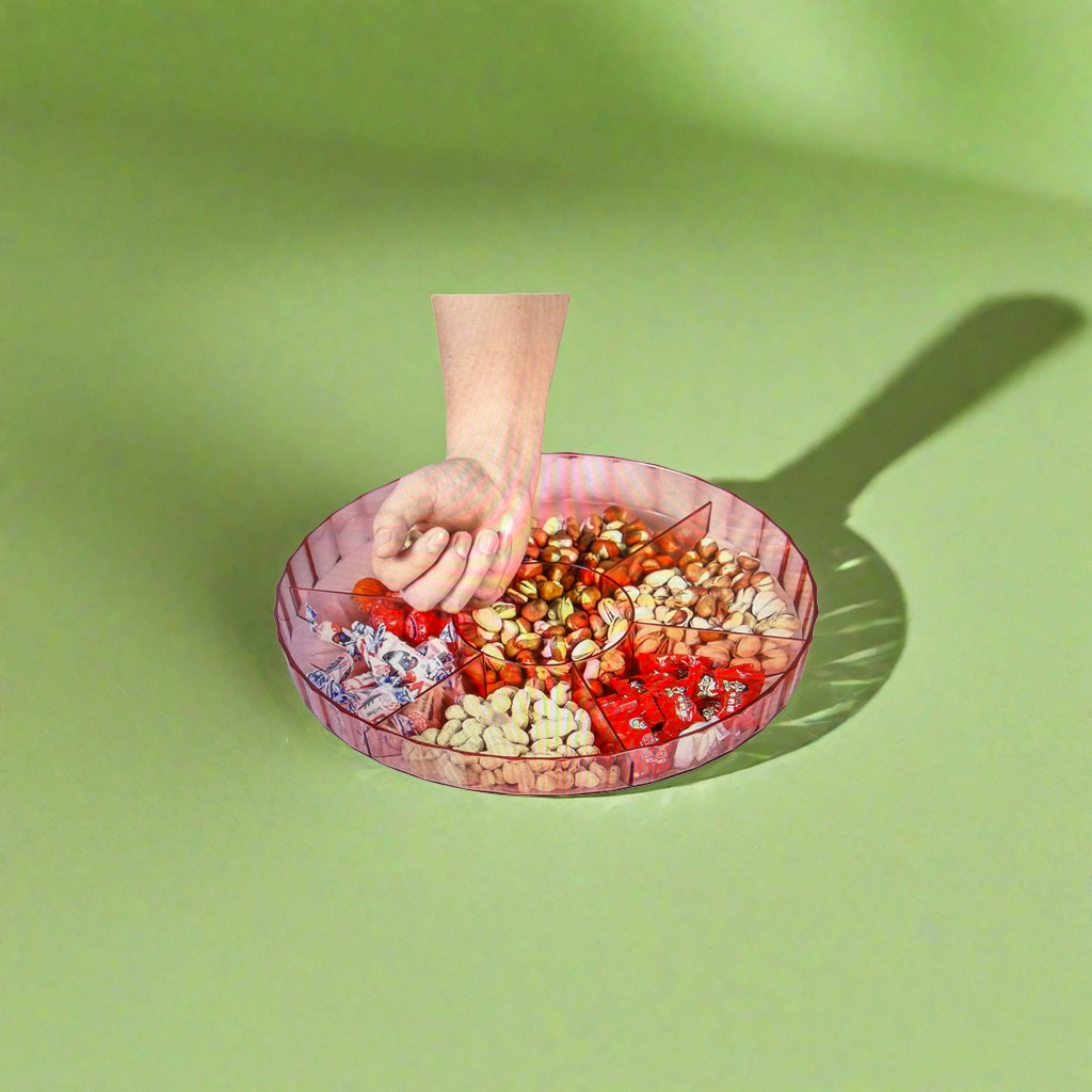 A red compartments fruit plate for nuts and candies, a home living room coffee table and snack storage plate Application Scenario