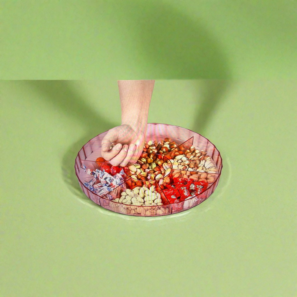A red compartments fruit plate for nuts and candies, a home living room coffee table and snack storage plate Specification image