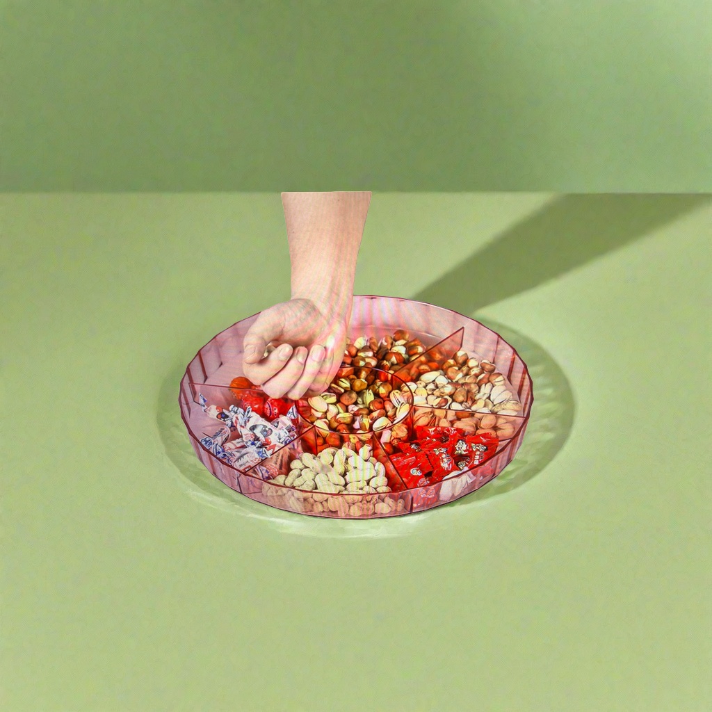 A red compartments fruit plate for nuts and candies, a home living room coffee table and snack storage plate