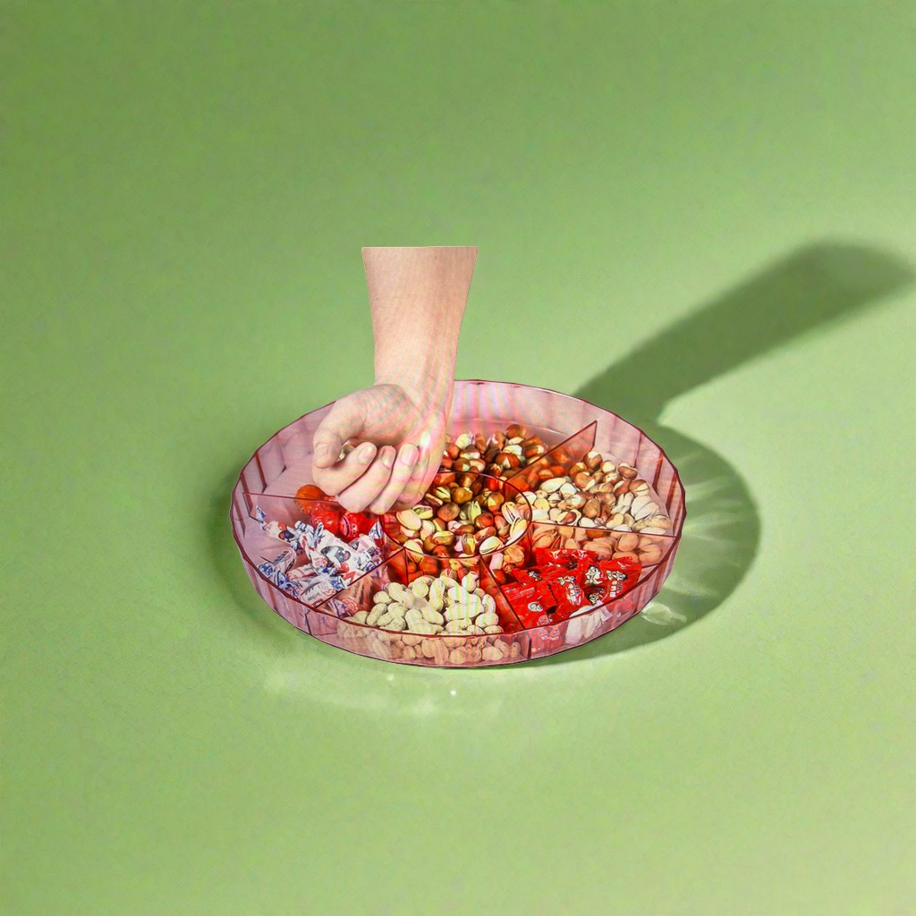 A red compartments fruit plate for nuts and candies, a home living room coffee table and snack storage plate details Picture