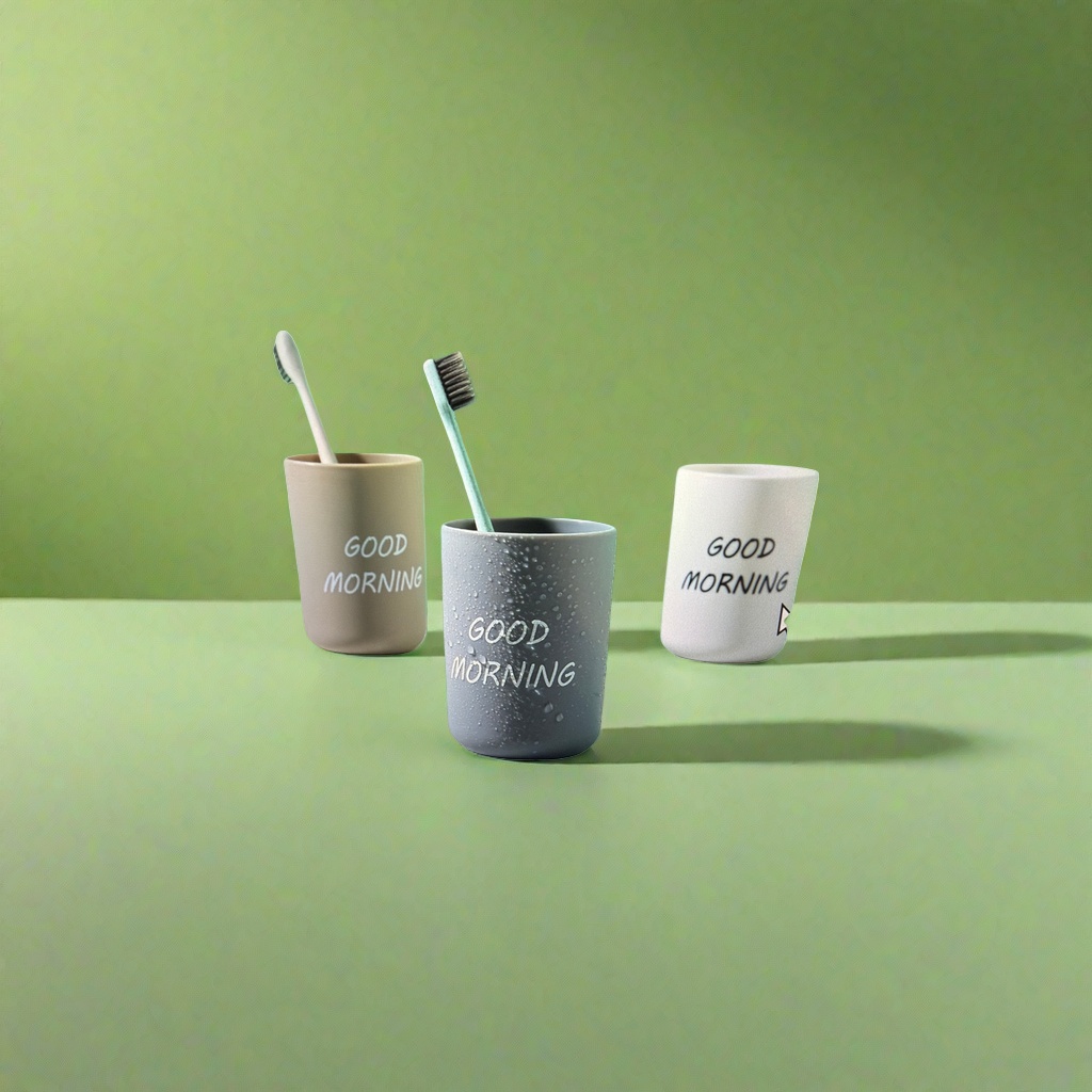 GOOD MORNING Green Background Mouthwash Cup set with two toothbrushes and water droplet design details Picture