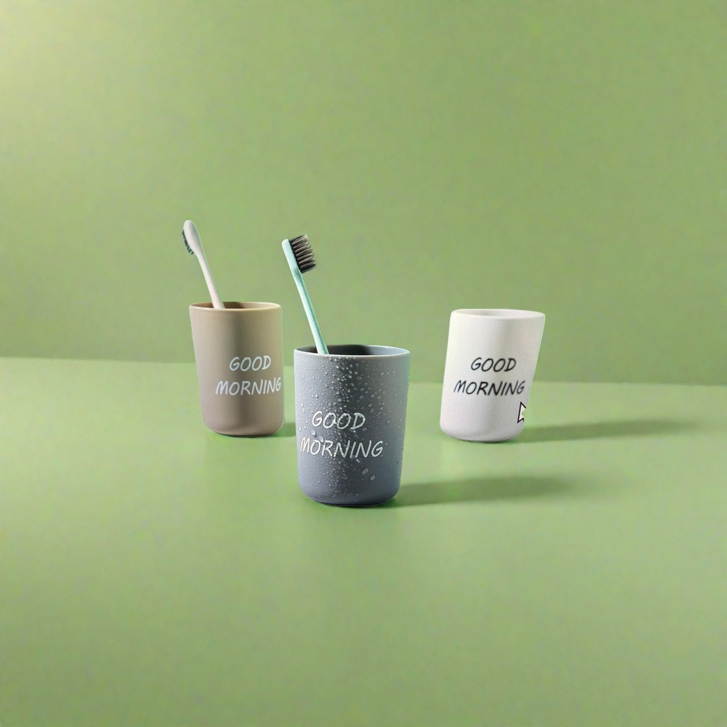 GOOD MORNING Green Background Mouthwash Cup set with two toothbrushes and water droplet design Application Scenario