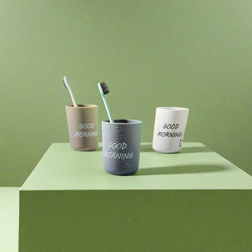GOOD MORNING Green Background Mouthwash Cup set with two toothbrushes and water droplet design
